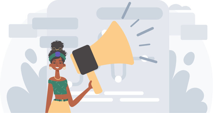 The girlfriend is holding a bullhorn in his bridge actor . digital marketplace concept. Trendy style, Vector Illustration