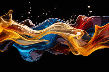 Abstract Colourful liquid splash on black background. Colourful liquid in Motion. Composition of liquid paint pattern for projects on design 