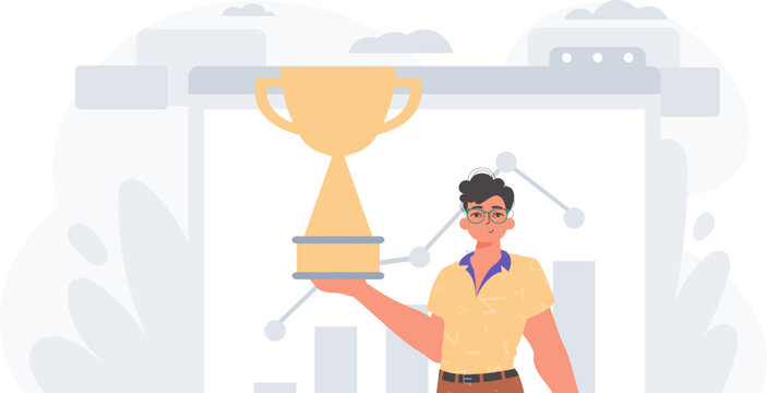 The Earth holds the achiever 's cup in his domesticate twist . achiever concept. Trendy style, Vector Illustration