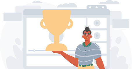 The Earth holds the achiever 's cup in his domesticate embrace . achiever concept. Trendy style, Vector Illustration