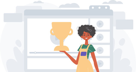 The daughter holds the achiever 's cup in his handwrite . achiever concept. Trendy style, Vector Illustration