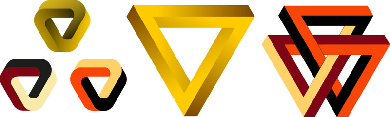 3d gold infinite triangles set vector isolated. Outline geometric collection of impossible shapes. Gold impossible tringle logo design elements . 3d infinite symbols.