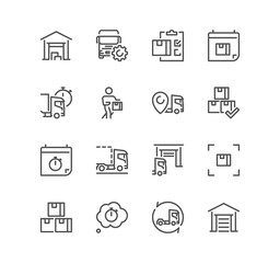 Set of truck logistics related icons, transportation, loading, cargo at warehouse, route, cargo inspection and linear variety symbols.
