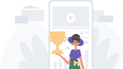 The daughter holds the achiever 's cup in his handwrite . achiever concept. Trendy style, Vector Illustration