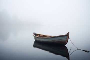 Fototapeta na wymiar Lonely boat on a peaceful lake in the morning fog. Generative AI. 