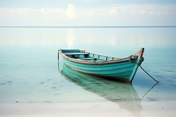 Naklejka na ściany i meble Lonely boat on a peaceful shore. Generative AI. 