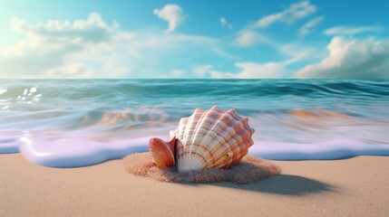Fototapeta na wymiar Amazing seashell on the bitch, summer vibes, 3D illustration, Ai Generative 