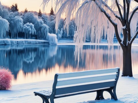 Bench in the snow, covered winter park with a lake, created with generative ai, ki