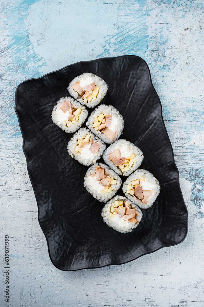 Canvas Prints sushi maki rolls with chicken fillet, cream cheese and apple.