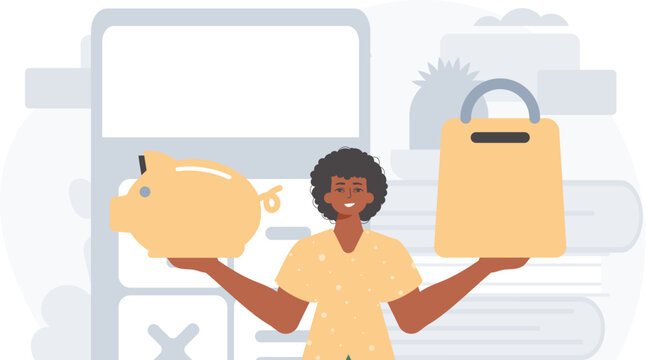 The Guy holds a hoggish save bank and a stigmatize basket in his bridge actor . digital grocery memory shop concept. Trendy style, Vector Illustration