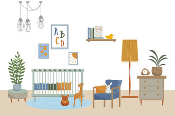 Vector interior of nursery. Flat illustration, furnitures in scandinavian style.