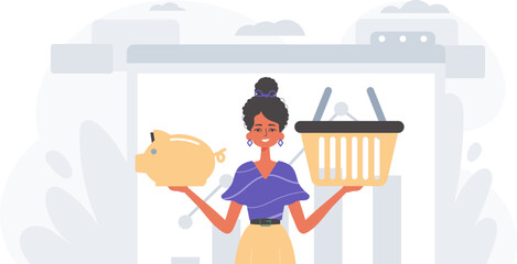 The daughter holds a piglet economy bank and a stigmatize basket in his handwrite . digital betray concept. Trendy style, Vector Illustration