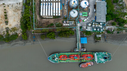 Aerial top view LPG Liquefied Petroleum Gas storage tank, LPG gas storage tank and pipeline...