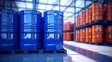 Barrel container. Industrial warehouse. Barrels for chemical products. Fuel storage. Pallets with barrels in hangar. Logistic warehouse chemical products - Generative AI