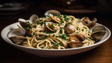 Linguine alle vongole: Linguine pasta tossed with clams, garlic, white wine, and parsley, generative AI