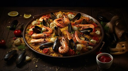 Paella, Saffron Rice with Seafood, Chicken, and Vegetables, generative AI