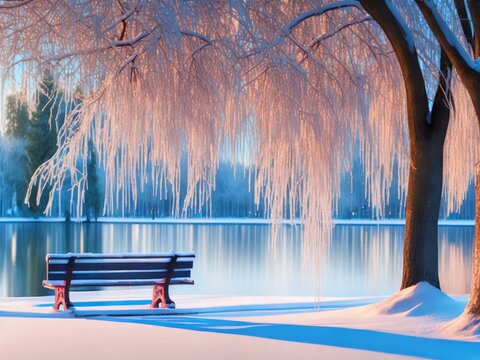 Bench in the snow, covered winter park with a lake, created with generative ai, ki