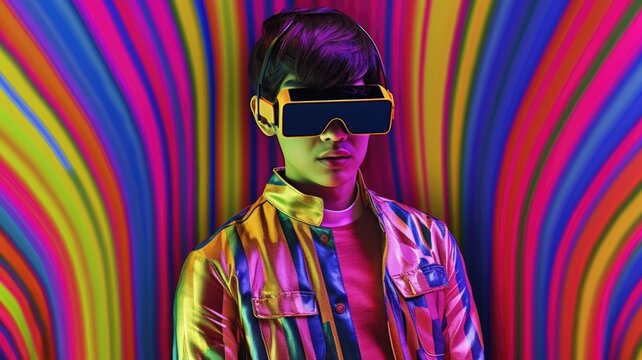 Fototapeta Young male model wearing VR posing with trendy man fashion outfit and colorful red optical art abstract background. Picturesque generative AI