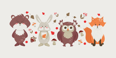 Set. Elements of autumn and funny animals