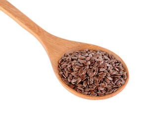 Flax seeds heap in wood spoon isolated on transparent png