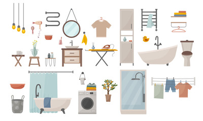 Set of bathroom and toilet interiors. Bathroom and laundry room with washbasin, sink, mirror, bathtub and towel, shower, cabinets and plants. Flat vector illustration.