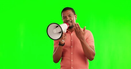 Black man, megaphone and talking on green screen for speech or presentation against a studio background. African male person, speaker or presenter giving advice or motivational talk on mockup space