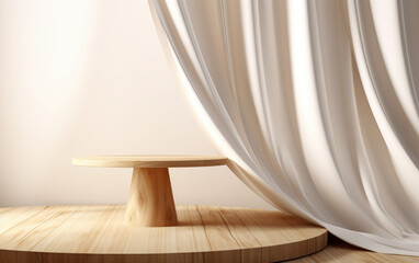 For a luxury skincare, cosmetic, beauty treatment, and fashion product display background, a modern round wooden platform side table is bare and covered in soft white blowing drapery curtains. 