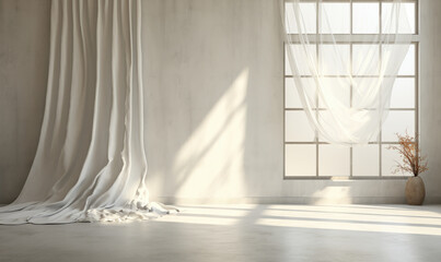 Beautiful sunshine, blowing white sheer fabric, opaque curtain from an open window on a wall of blank, polished white concrete, air flow ventilation, and product background in 3D 