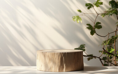 Modern luxury beauty, cosmetic, organic, nature, and fashion product display background: minimal, natural log wood podium table in lovely sunlight, leaf shadow on blank cream white wall, and floor 