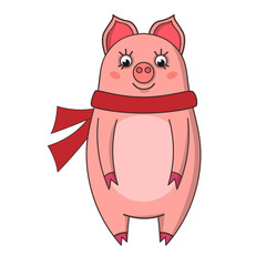 Cute pink pig with scarf. Illustration on transparent background