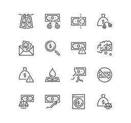 Obraz premium Set of financial crime related icons, money laundering payment for silence, fraud, bribe and linear variety symbols. 