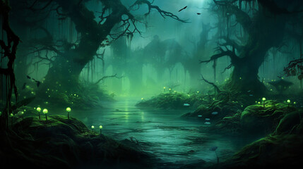 mysterious and misty swamp landscape Generative AI
