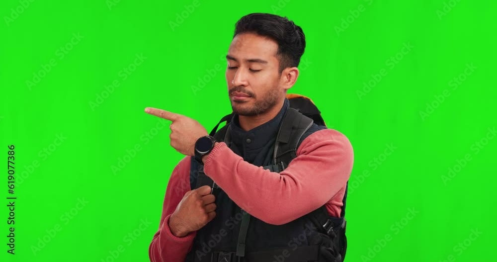 Poster hiking, man pointing and presentation green screen for safety rules, adventure risk and mistake or w