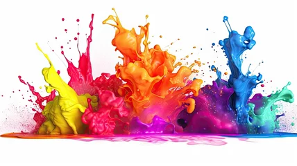 Foto op Canvas Rainbows color splashing isolated on white background. Colorful paint splashes creating a vibrant and dynamic abstract composition, created with Generative Ai Technology © pham