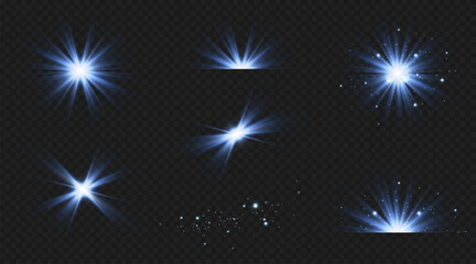 Blue star, bright particles, burning blue lights, stars, lasers, blue flash.