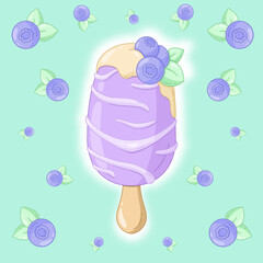 blueberry ice cream, cute lilac ice cream , cartoon style illustration, pattern background , digital food illustration