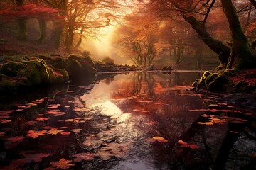beautiful morning in the autumn forest with calm river, generative ai