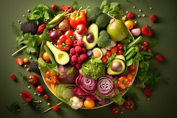various fresh healthy vegetables and fruits on the table, flatlay composition background, generative ai