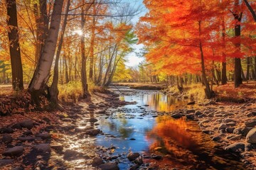 autumn landscape, trees reflected in water in the forest, generative ai