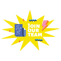 join our team badge, 90s nostalgic set, vintage badge, retro, old school, colorfull, funky design, abstract sticker