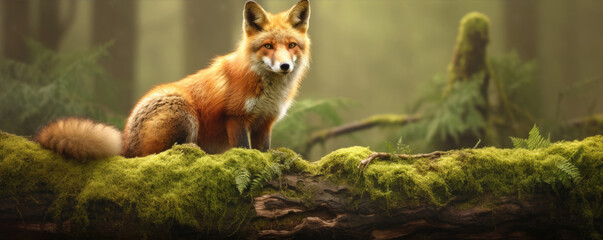 Fototapeta na wymiar An adult fox on an old tree in a dense forest.generative ai