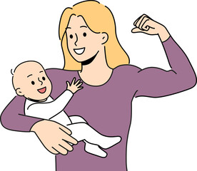 Smiling strong mother holding baby in hands