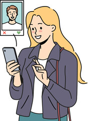 Woman uses dating app on mobile phone, choosing guy likes by photo and browsing profile