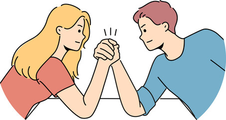 Arm wrestling between couple of man and woman for concept of fighting for leadership in family