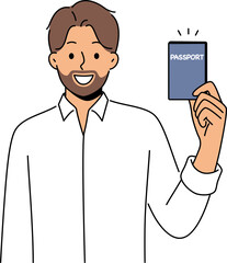 Smiling bearded man showing passport