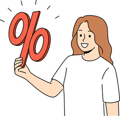 Smiling woman hold percentage sign