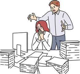 Mad boss scream at stressed female employee