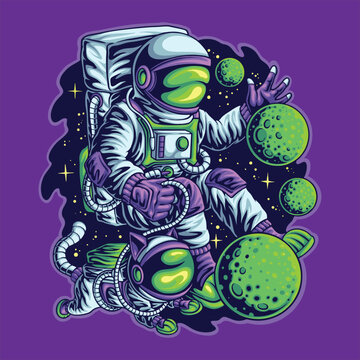 space astronaut playing with cute pet illustration