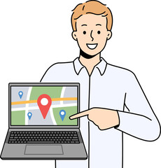 Smiling man show GPS tracker on map on computer