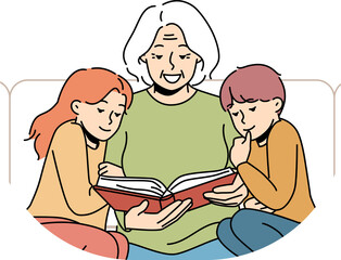 Caring grandmother reading book to little grandchildren